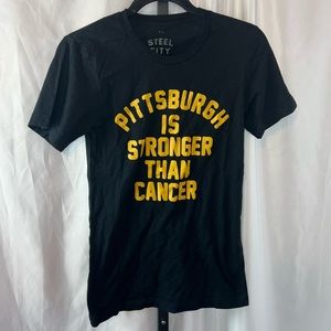 Steel City Pittsburgh Is Stronger Than Cancer Black and Gold Shirt, size XS